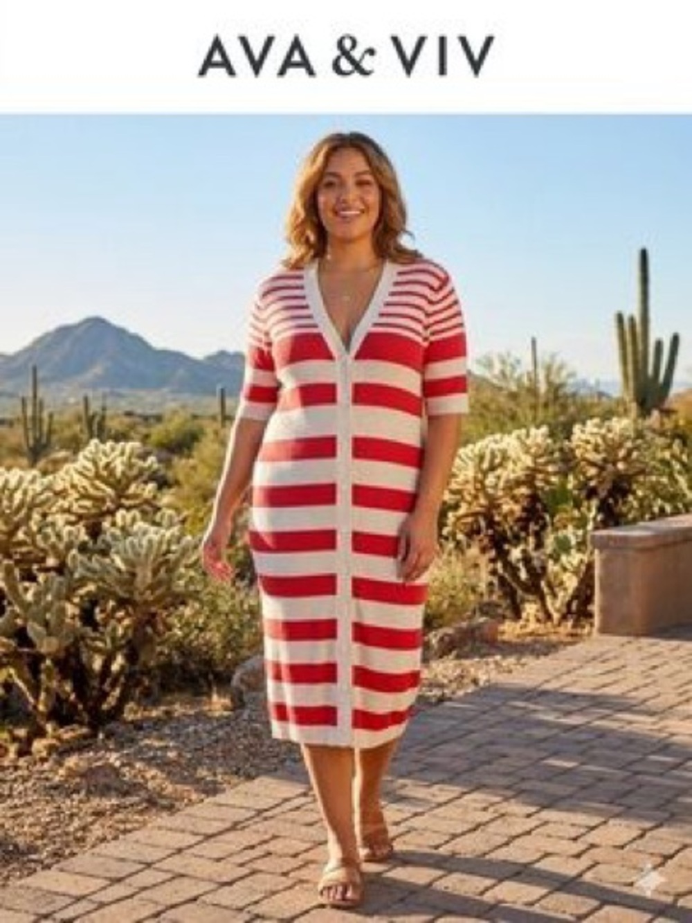 Ava & Viv Coral Red and Cream Striped Maxi Cardigan Button Down Viscose Dress XL